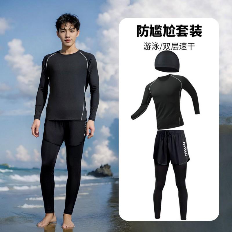 Mens Quick-Dry Long Sleeve Rash Guard Set With Double-Layer Board Shorts Swimming Surfing Water Sports