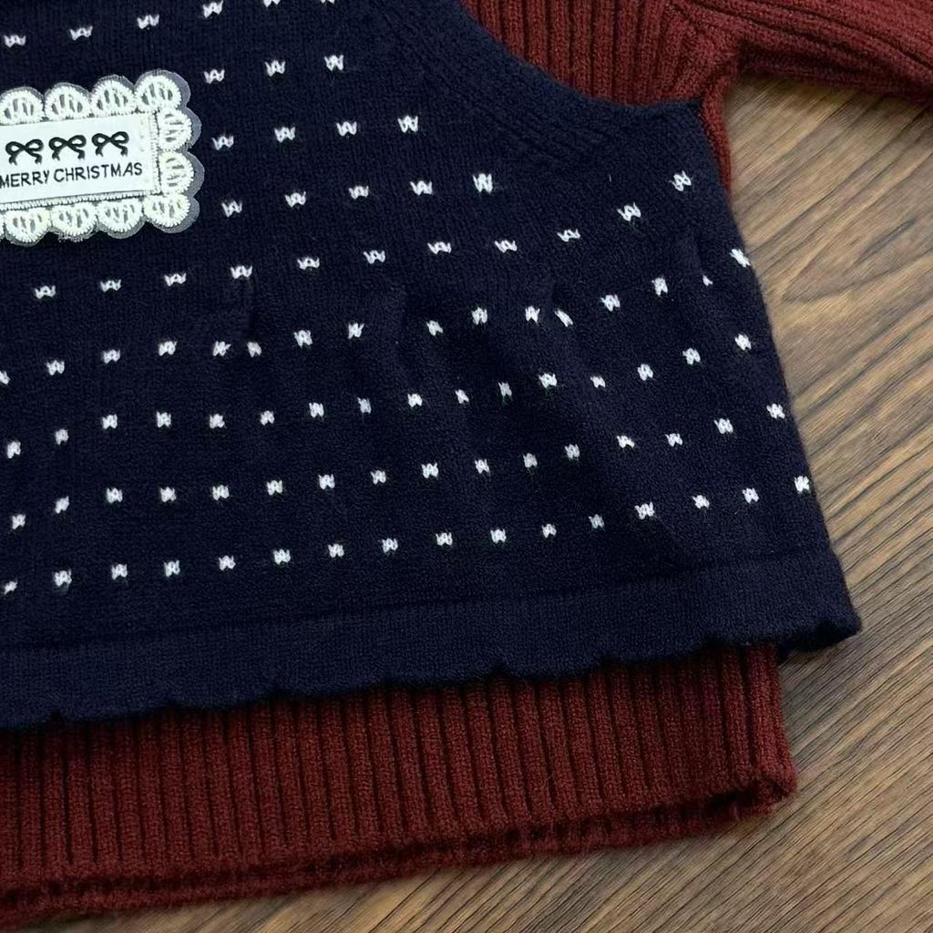 Girls' Autumn/Winter Faux Two-Piece Sweet Knit Sweater with Small Lapel