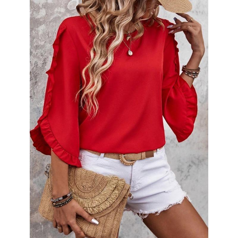 Summer Women's New Crew Neck Lace Irregular Seven Quarter Sleeve Top