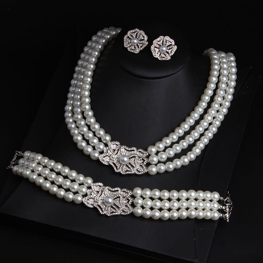 Victorian Style Necklace Earrings Bracelet Set Featuring Simulated Pearls and Cubic Zirconia for Elegant Occasions