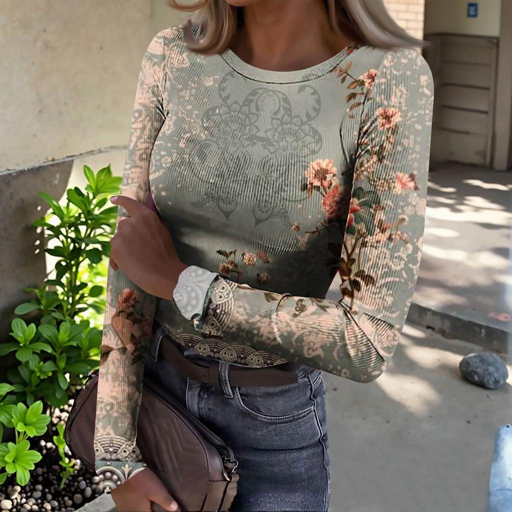 Women's  Slim Bottom T-shirt Fashion Casual Gradient Printing Round Neck Pullover Long Sleeve Top