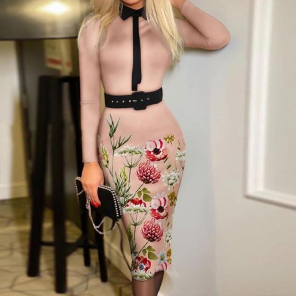 Femei Slim Fit Bodycon Rochie midi rever cu mâneci lungi talie înaltă cu imprimeu în carouri Rochie de damă de birou Îmbrăcăminte de lucru