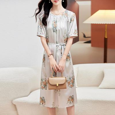 Heavy Silk Dress Women's Summer New Printed Elastic Satin Light Luxury Design Mulberry Silk Skirt