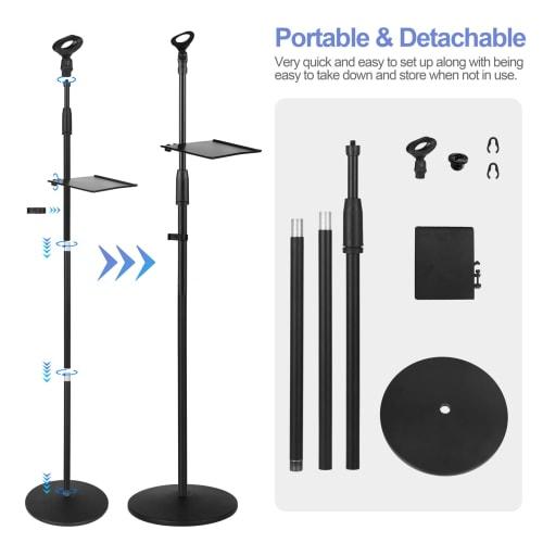 OUKMIC Adjustable Karaoke Microphone Stand, Universal Floor-Standing Detachable Microphone Stand with Weighted Round Base, Cable Clip, Barrel Mic Clip