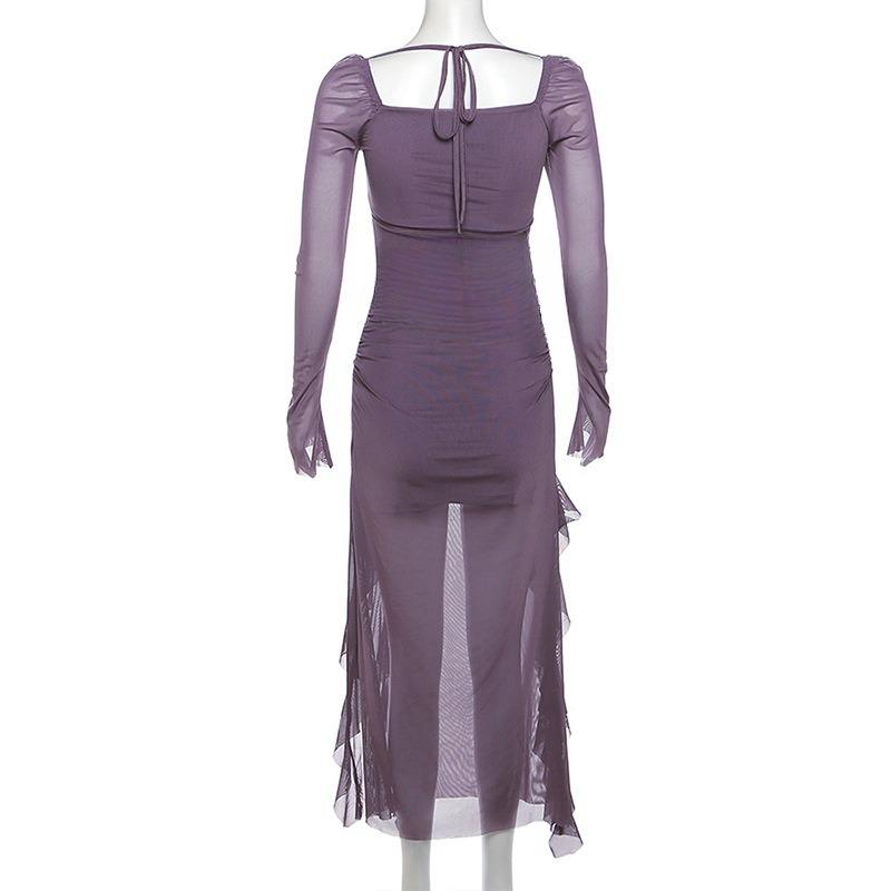 Dámské nepravidelné jarní volánové jednobarevné síťované šaty Spice Girl s rozparkem a dlouhým rukávem