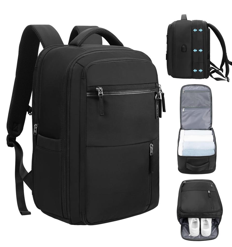 HP Hope Travel Backpack, Anti-Theft Travel Backpack for Women, Expandable Backpack for Travel, Hiking, Weekenders, with USB Charging Port (Black)