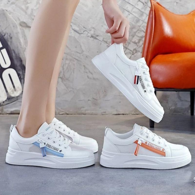2025Fashion Women White Skateboard Shoes Summer Casual Sport Running Shoes Outdoor Breathable Lace-up Metal Decoration Flat Shoe