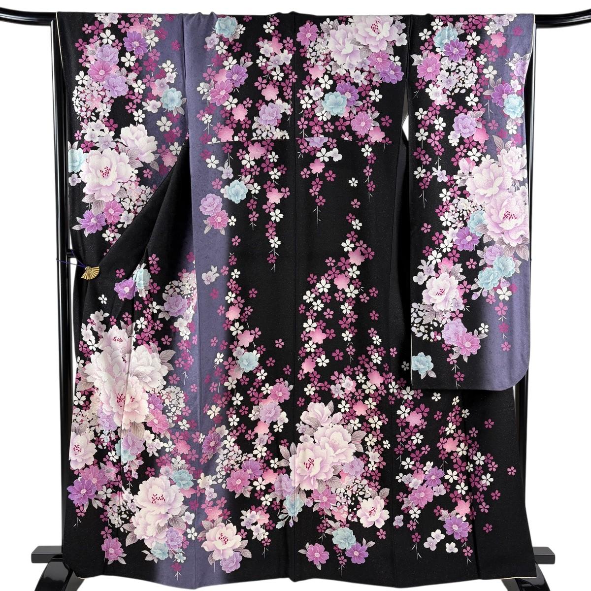 

Furisode, length 164.5cm, sleeve length 67cm, M sleeve, peony, cherry blossom, silver, gold, silver, black, pure silk, masterpiece [Used]
