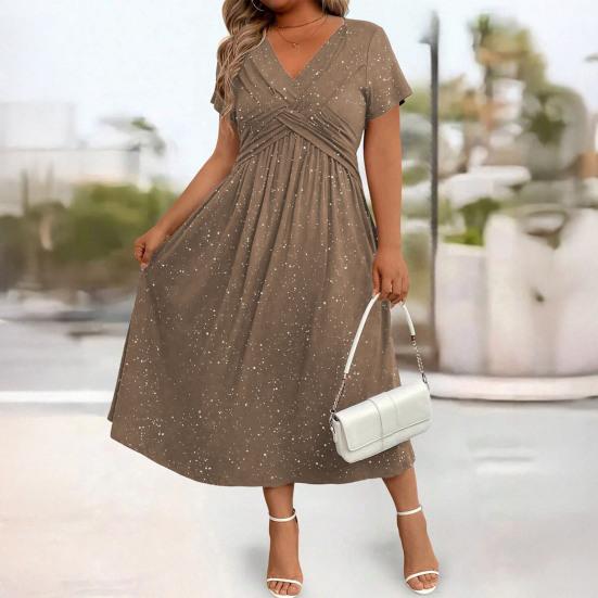 Glitter Sparkly Summer Dress for Women Twist Front V Neck Flowy Beach Sundress Short Sleeve A-line Swing Long Dress