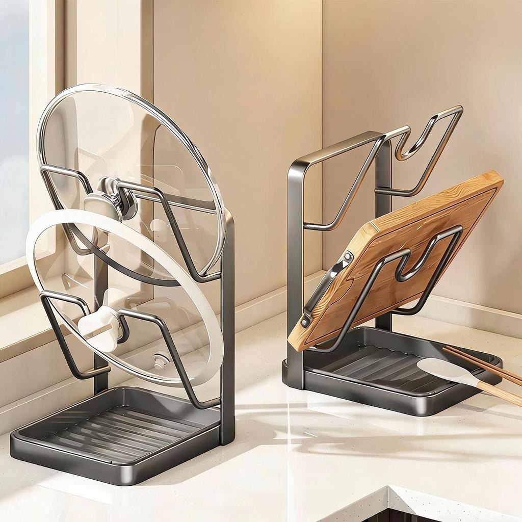 Kitchen Pot Lid Storage Rack Double / Single Layer Pot Lid Holder Anti-Slip Kitchen Ladle Spatula Stand Lid Draining Bracket