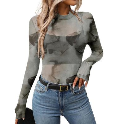 Neues Damen Halbhoher Kragen Durchsichtig Langarm T-Shirt und Sexy Tüll Top