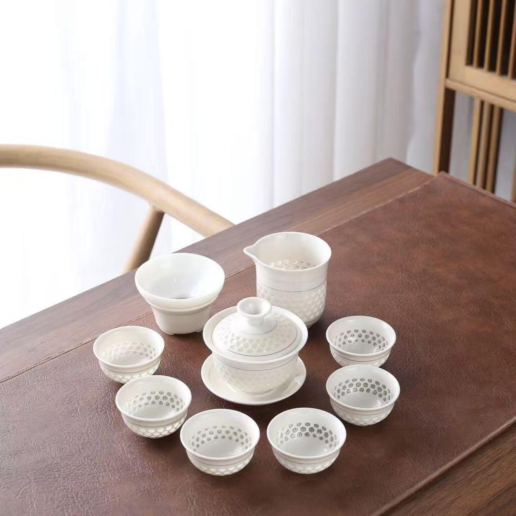 Exquisite 10-Piece Honeycomb Ceramic Kung Fu Tea Set with Teapot, Gaiwan, and Cups In a Gift Box.