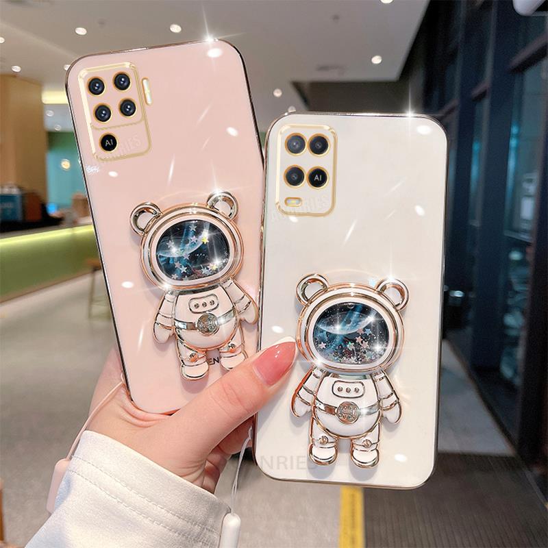 Reno5lite Glitter Astronaut Holder Plating Silicone Case For Oppo Reno 5 6 7 8 Lite 5lite 8t Reno7 A54 A74 4g 5g Lanyard Cover