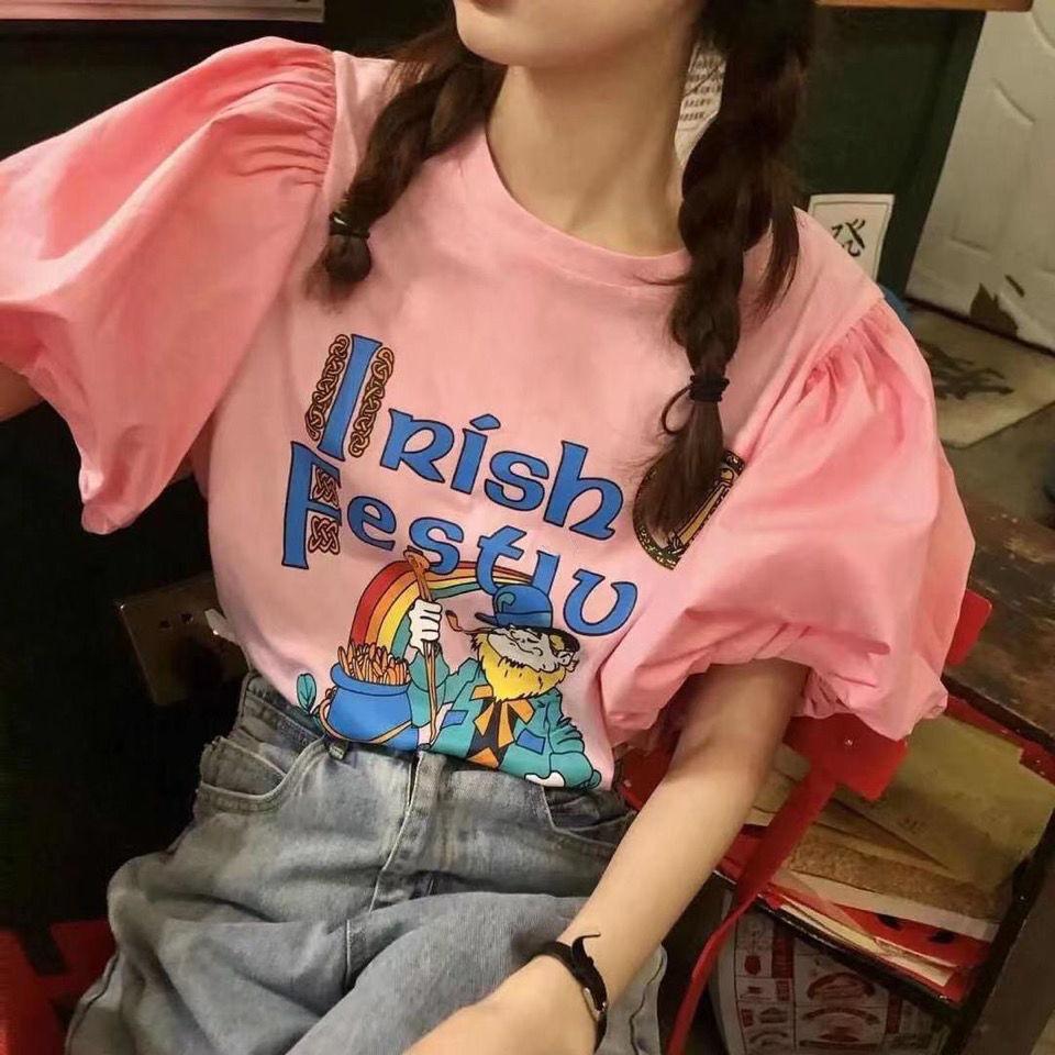2026 Korean Style Women s Puff Sleeve Cartoon T-Shirt - Summer Chic Versatile Top XL розовый