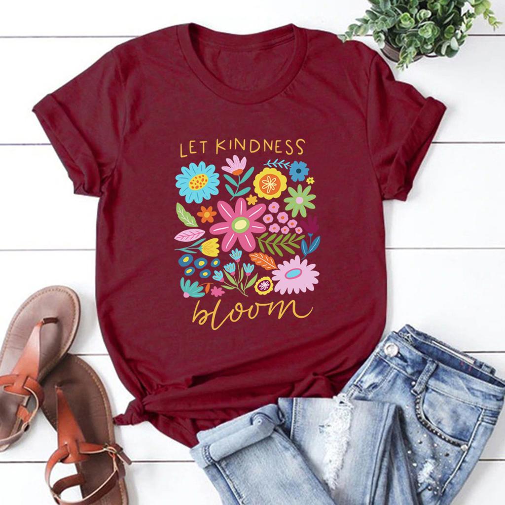 Let Kindness Bloom T-Shirt Be Cool Be Kind Retro Flower Shirt Inspiration Women Graphic T Shirts Short Sleeve Women Clothing