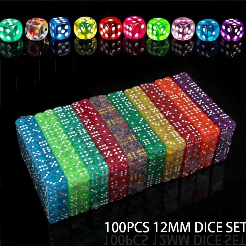 Ensemble de 100 pièces Dés D6 12 mm Multicolore Transparent Acrylique Transparent Bords Arrondis Pour Jeux de Société RPG DND et Fêtes
