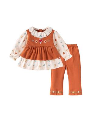 Girls' Floral Print Faux Two-Piece Cotton Set: Stylish Long Sleeve Spring/Autumn Outfit