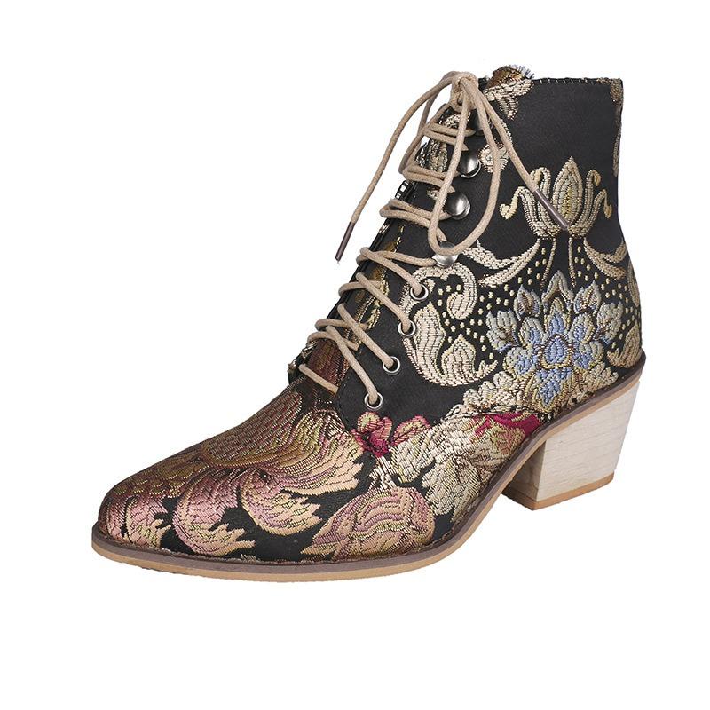 Large Size Embroidered Lace-Up Martin Boots Women's Autumn and Winter Embroidered High Heel Boots