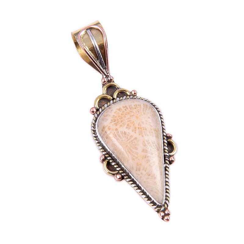 Natural Fossil Coral 925 Solid Sterling Silver TwoTone Gift Pendant 1.75" Z2G88