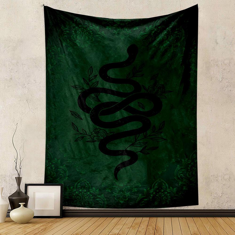 "Black Snake On Green Ornate Background" Patterned Tapestry Decorative Wall Hanging, Home Bedroom Living Room Decor