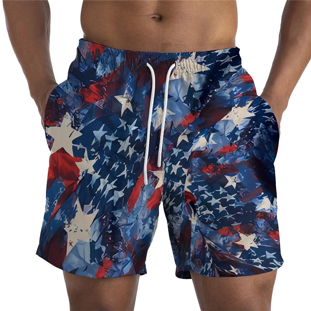 (Quinide) Shorts de playa de pierna recta y corte holgado con estampado del Día de la Independencia para hombre