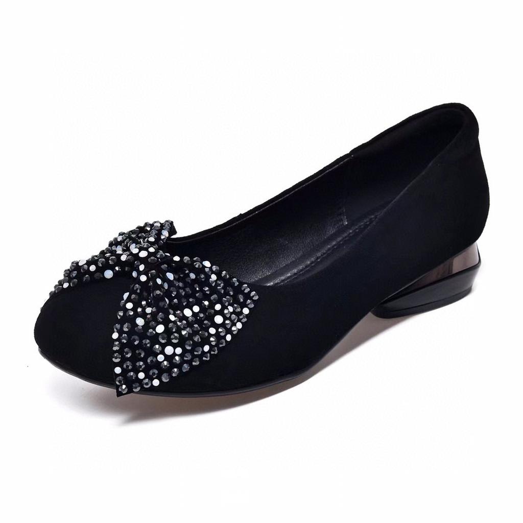 Women's Single Shoes Round Head Flat Bottom Spring and Autumn New Bow Rhinestone Black Sheepskin Lazy Shoes