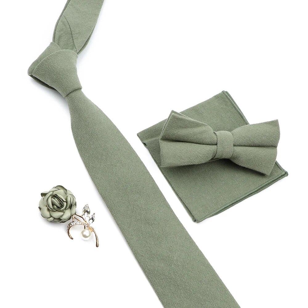 Solid Color Cotton Necktie Set For Men Tie 4pcs Hanky Cufflinks Rhinestone FLoral Brooch Tie Set