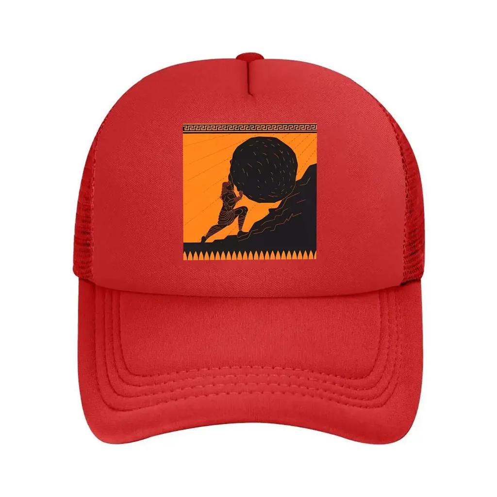 Mythological Figure Pushing Boulder In Orange - Themed Art Mesh Baseball Cap