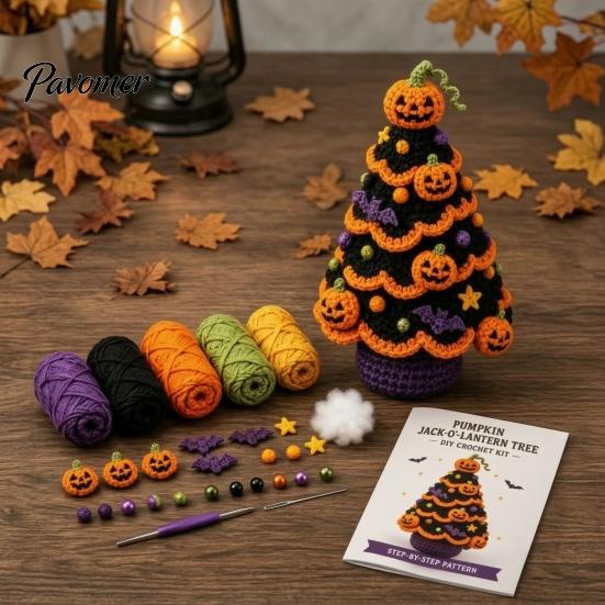 Craft Sets for Adults Halloween Tree Crochet Kit, DIY Black Cat Pumpkin Witch Handmade Yarn Projects Hat Ghost Crafting Kit Holiday Home Decor,