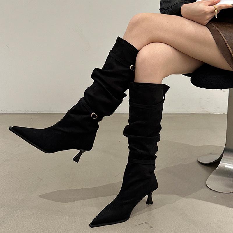 Pointed Boots Long Boots Women'S But Knee Autumn And Winter European Beautiful Women'S Boots Pleated Pile Boots High Heel Boots
