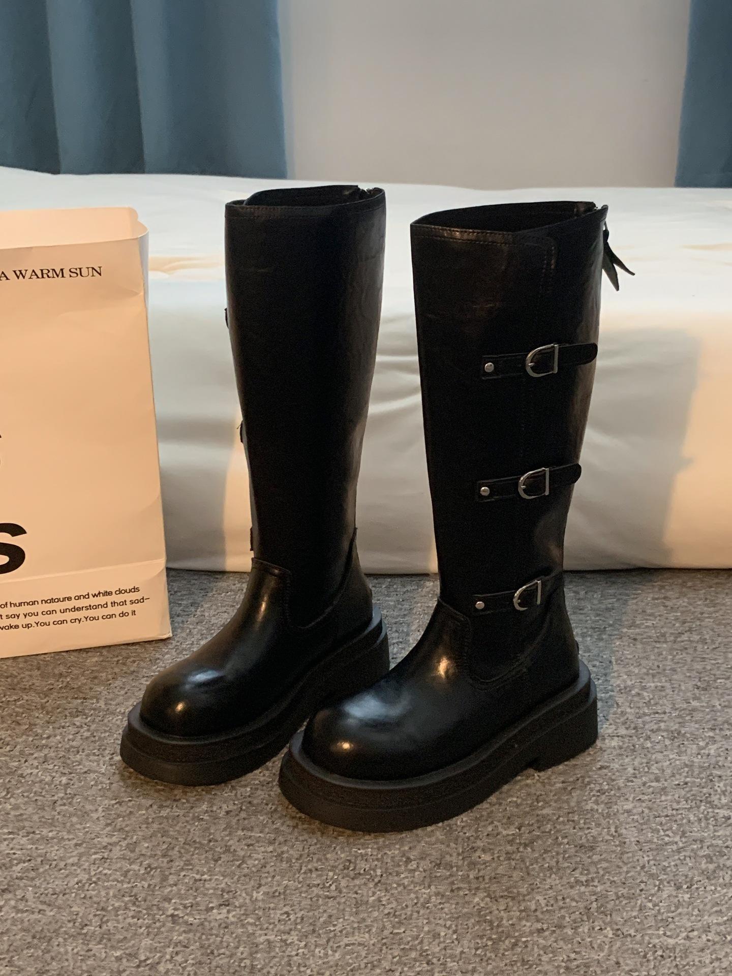 

European and American style boots women s boots 2025 new autumn explosion brown versatile foreign style but knee boots leather boots 40 чёрный