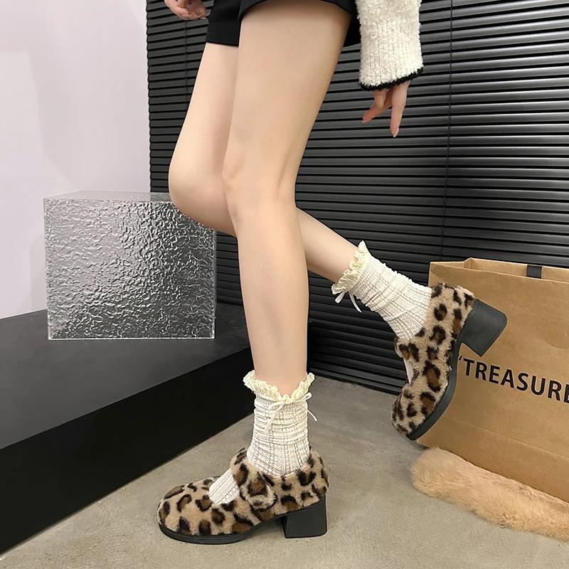 Fashion Winter Fashion Women's Boots 2024 New Sexy Shallow High Heels Women's Shoes Comfortable Thick Heels Leopard Print Pattern Shoes
