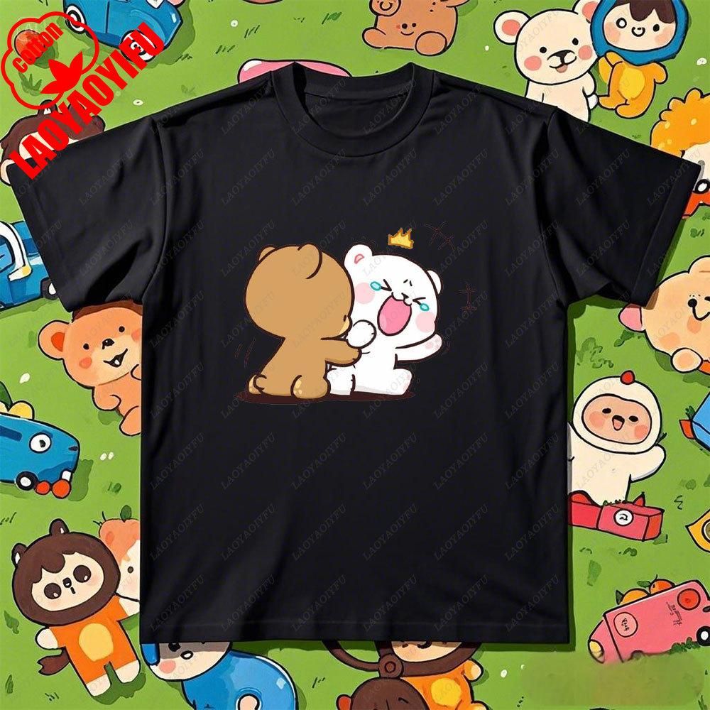 Kawaii Couple Tshirt Matching Milk and Mocha Cartoon Anime Print Cotton Unisex Women TShirt Couple Tee Summer Casual Shirt Tops
