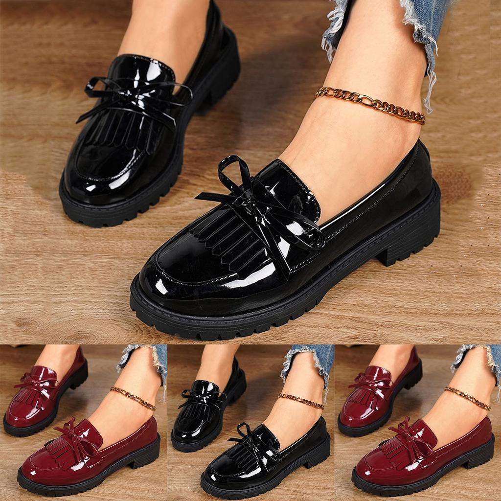 Women's Shiny Leather Tassel Shoes Fashion Large Size Casual Walking Versatile Loafers Bow Knot Tie Daily Commuting Wear