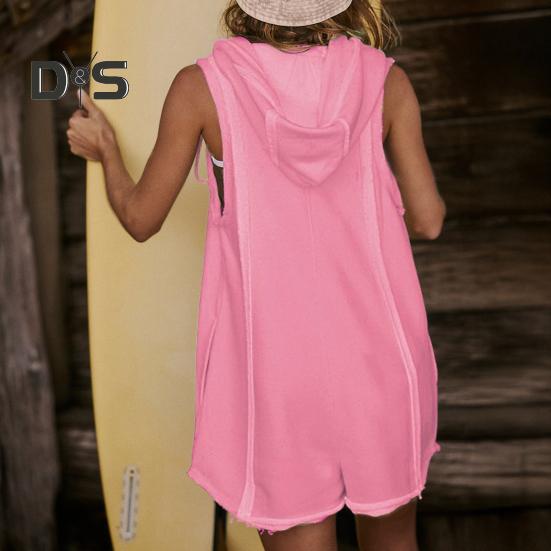 Macacão Curto de Verão Feminino Macacão Sem Mangas com Capuz e Zíper Até a Metade Macacão Macacão Atlético de Uma Peça com Bolsos