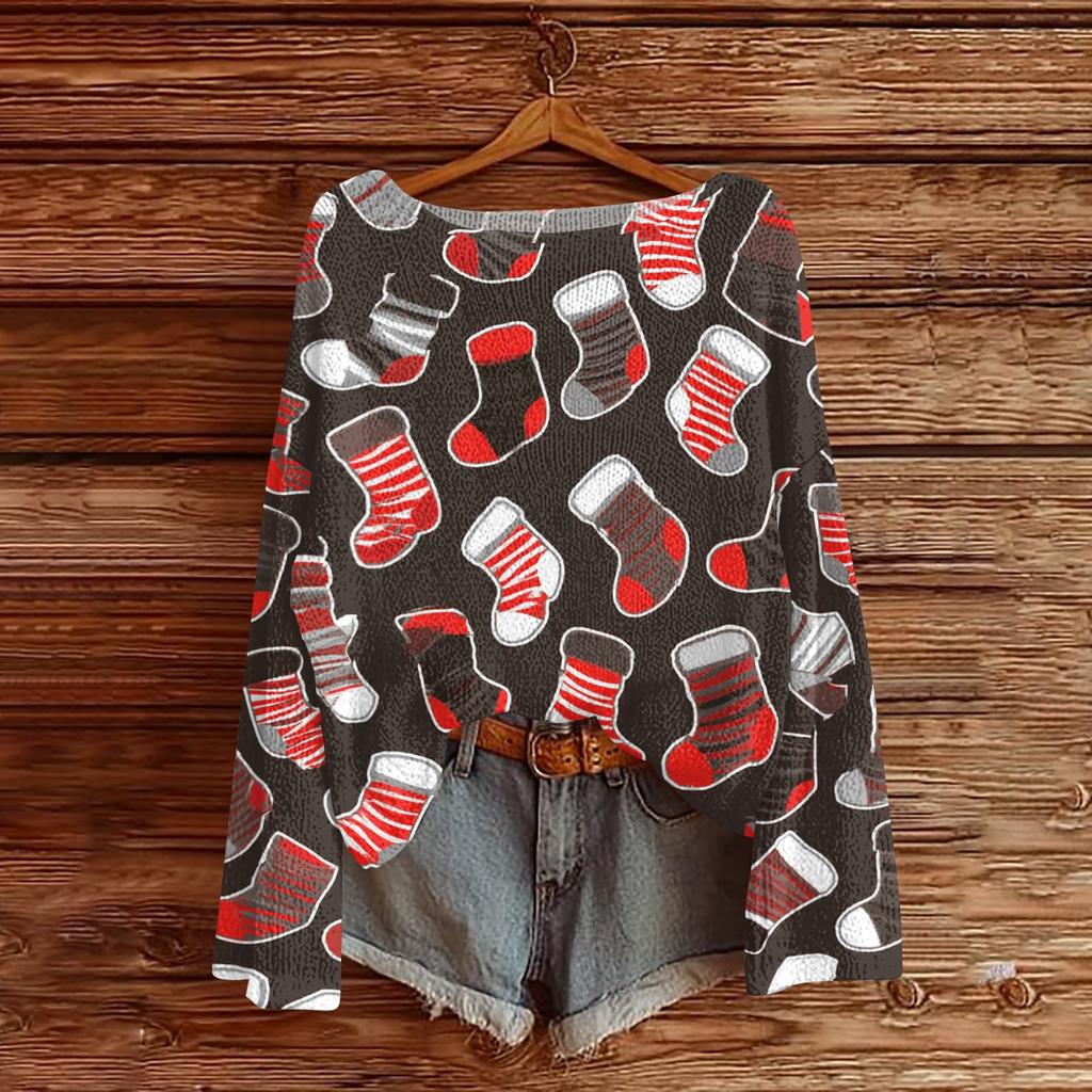 Women's Christmas Print Lightweight Sweater Long Sleeve Casual Knit Pullover Top for Holiday