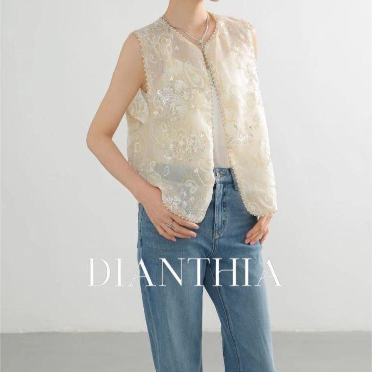 

Вышитый тонкий жилет жилет новый с пайетками и бусинами 2025 летний жилет универсальный топ M (under 50kg recommended)