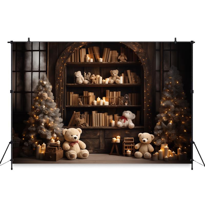 Mocsicka Christmas Photo Background Room Xmas Tree Bookshelf Gifts Bear Decoration Baby Kids Birthday Party Photography Backdrop