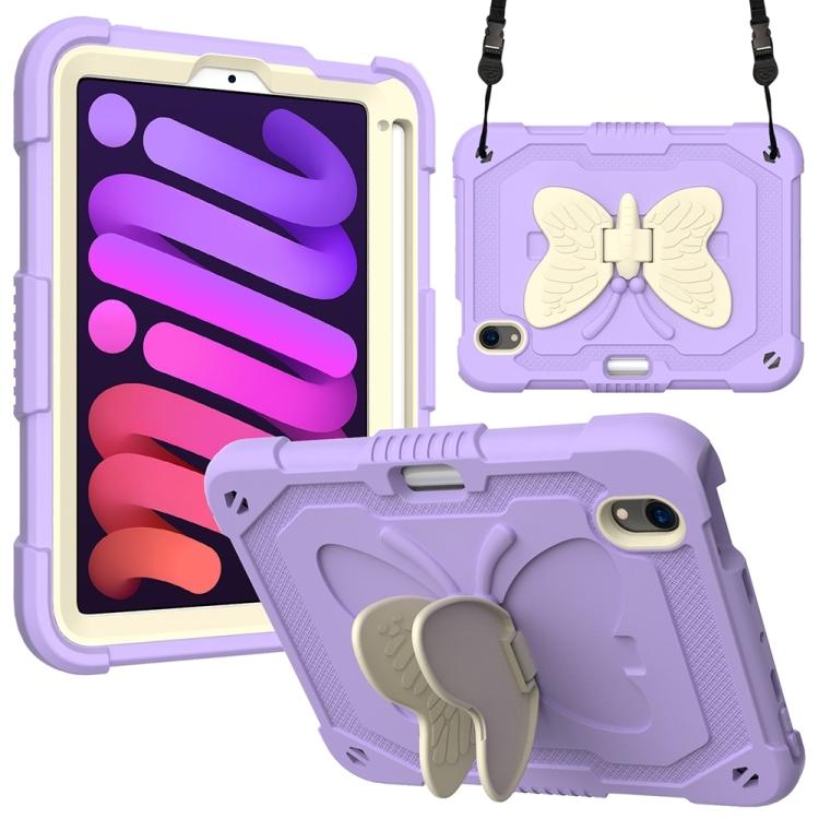 For iPad Mini 6 / Mini 2024 Beige PC + Silicone Anti-drop Protective Tablet Case with Butterfly Shape Holder & Pen Slot