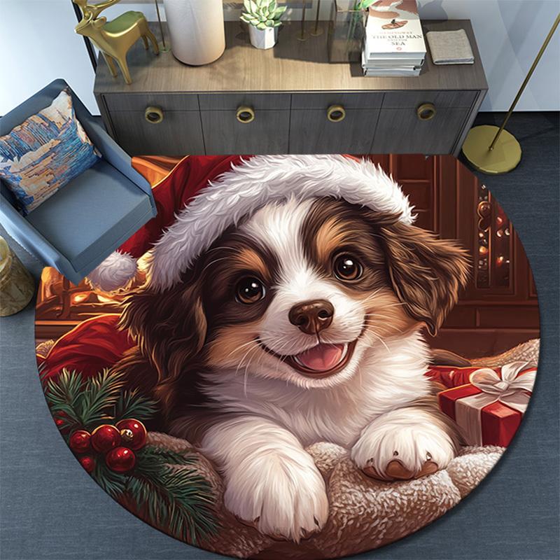 Santa Hat Puppy Round Area Rug,Carpet Rug for Living Room Bedroom Sofa Playroom Decor,Non-slip Floor Mat