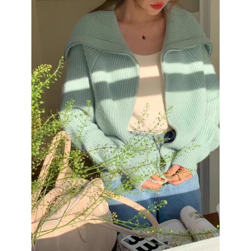 Navy Collar Zipper Sweater Jacket Female Early Spring Lazy Wind Loose Thin Knitted Cardigan Comfortable Versatile and Fashionable