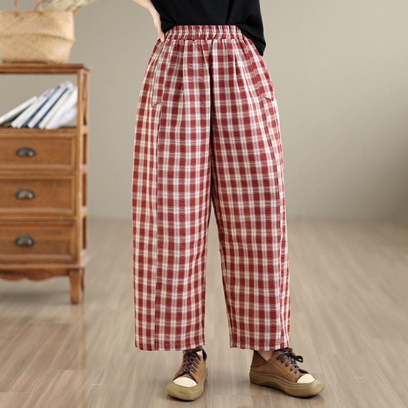 

Plus size cotton Vintage plaid high Waist Casual loose Summer wide leg Pants Women Trousers XXL червоний