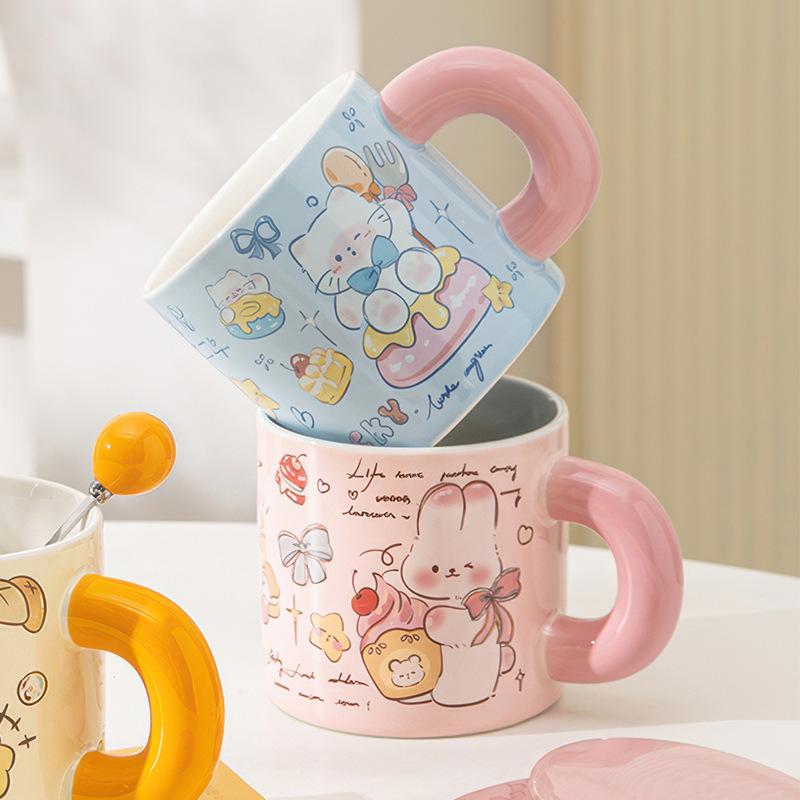 Cartoon Cup with Lid Cute Butter Bear Ceramic Mug with Lid with Spoon Ceramic Cup Water Cup Female Souvenir