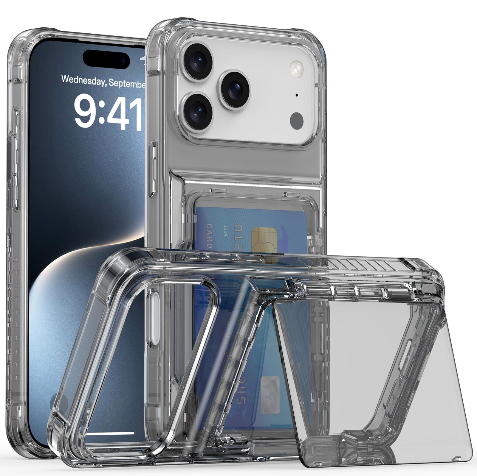 

Для iPhone 17 Pro Max Прозрачный чехол PC+TPU Чехол для телефона Держатель для карт Подставка Transparent Black