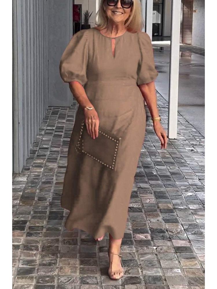 Damen Frühlings-Sommer Einfarbig Locker Sitzend Bequem Lässig Rundhals Pullover-Stil Kleid mit Puffärmeln
