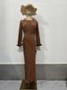 Pleated Maxi Dress Long Flared Sleeves Fitted Waist Elegant Women's Party Dress Casual Ankle-Length