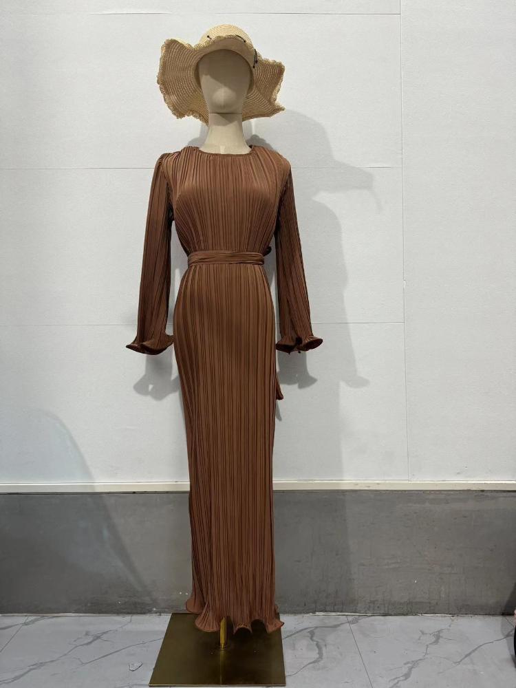 Pleated Maxi Dress Long Flared Sleeves Fitted Waist Elegant Women's Party Dress Casual Ankle-Length