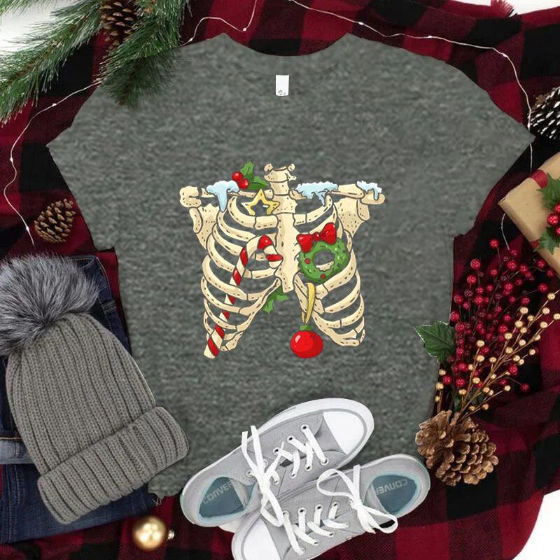 Christmas Skeleton Skull Tshirt Unisex Women Fashion Casual Tops Xmas Festive Holiday Classic Tops Unisexs Womens Clothing