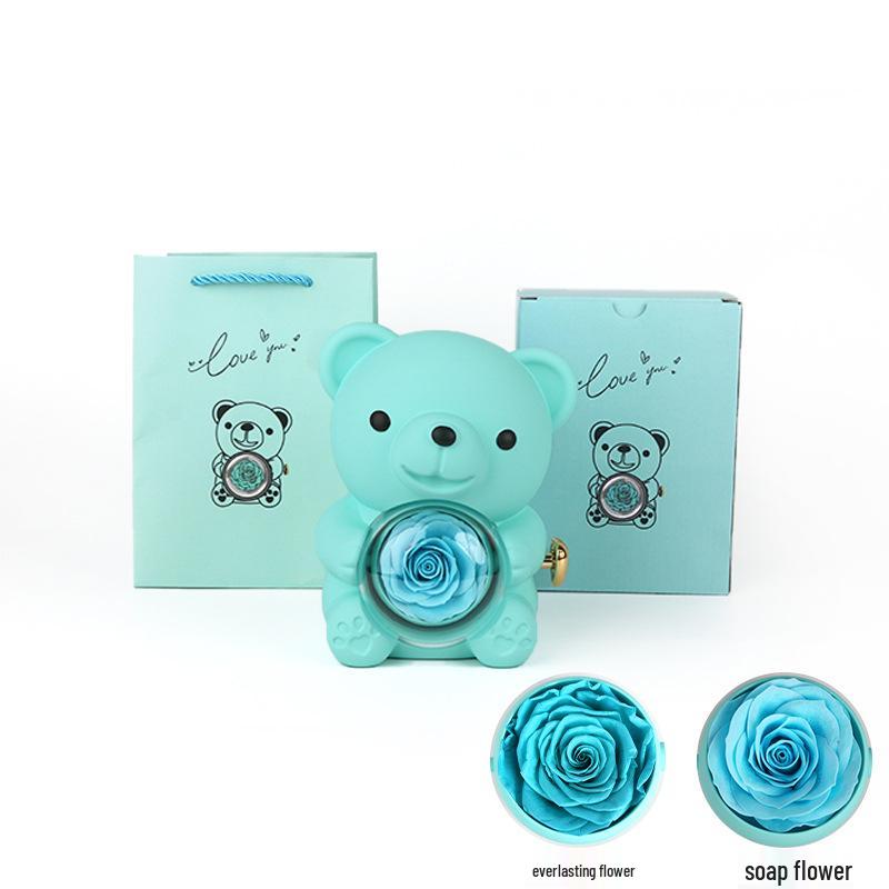 High-Quality Rotating Bear Jewelry Box with Everlasting Flowers - Perfect Valentine's Day Gift