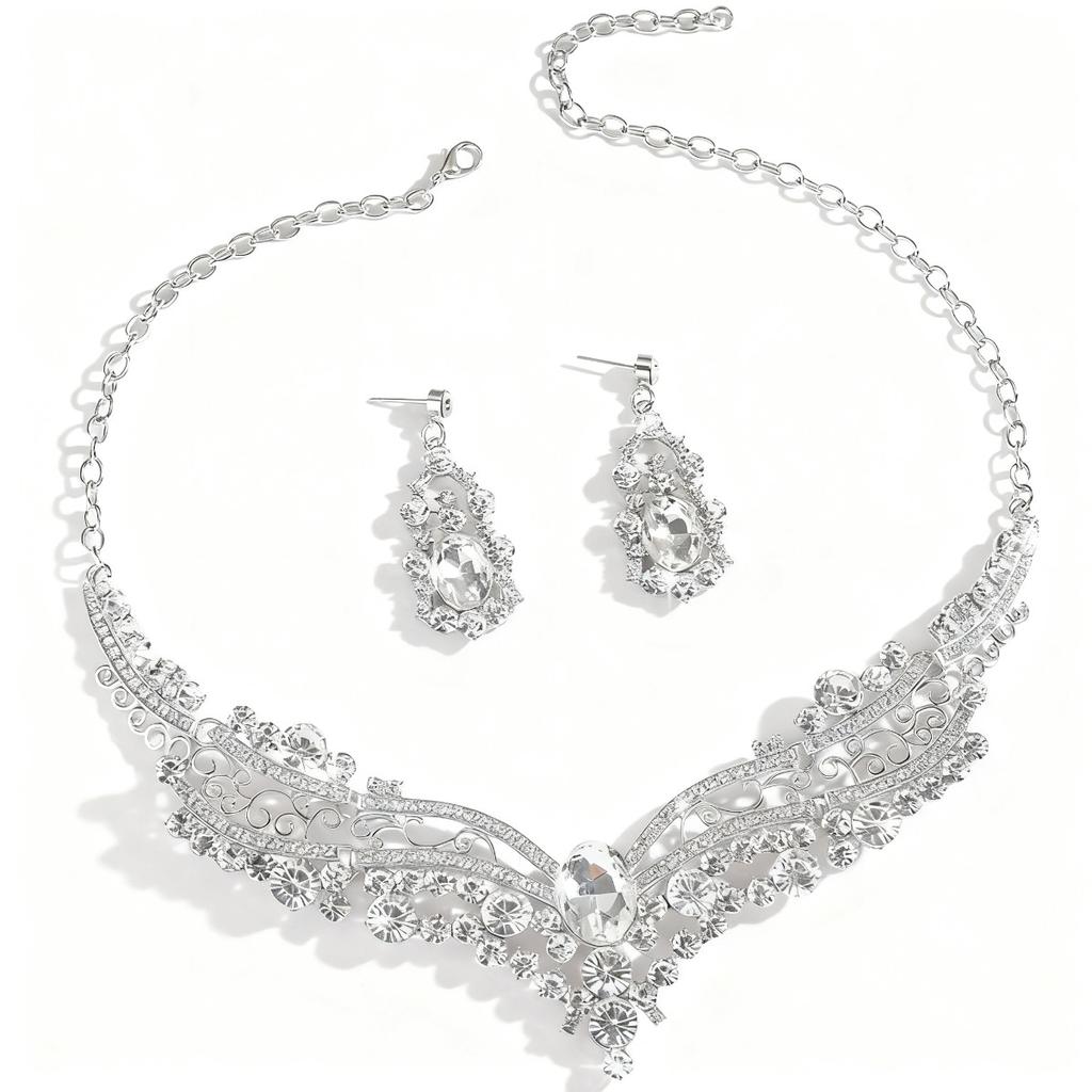 Vintage Alloy Necklace Earrings Set Shiny Crystal Exaggerated Design Premium Clavicle Chain Women